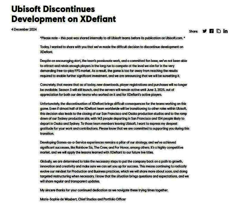 Marie-Sophie de Waubert在Ubisoft发布会上讲话截图，神情严肃地宣布《不羁联盟》项目终止