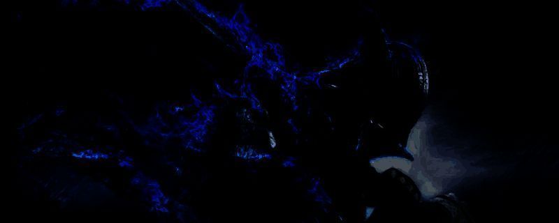 三位渡夜者并肩站立于黑暗废墟前，天空被血色月光笼罩，远处隐约可见巨大黑影逼近