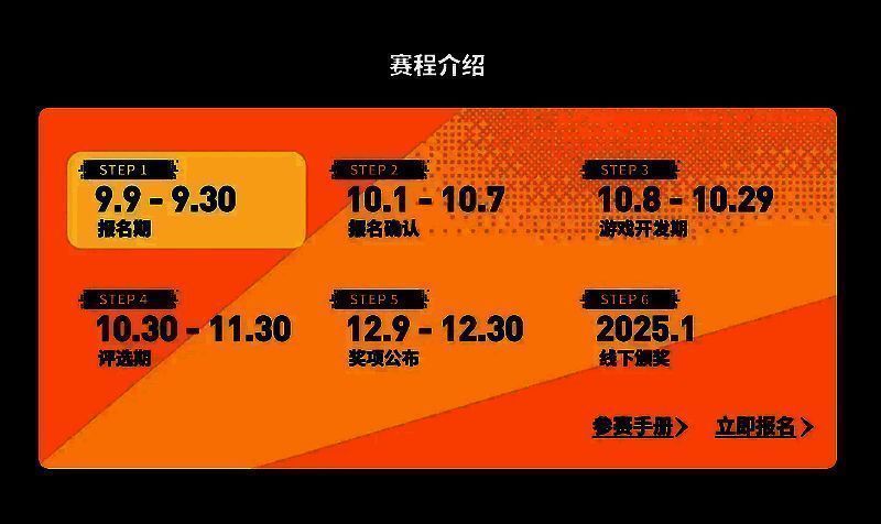 赛程时间轴图示，详细标注报名、开发、评选与颁奖各阶段起止时间