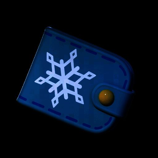 小浮冰霜霜手持浅蓝雪花钱包，钱包表面有立体雪花刺绣，背景为冰雪地面