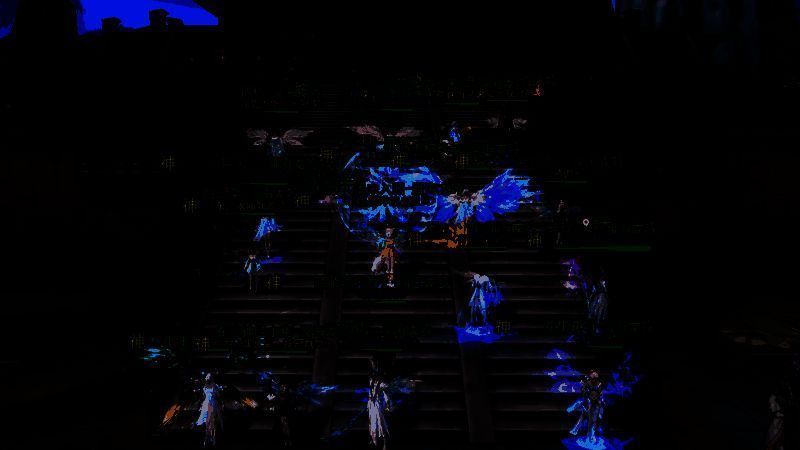 缔造神话全体成员合影风格插画，角色群像整齐排列，背景为大荒城池