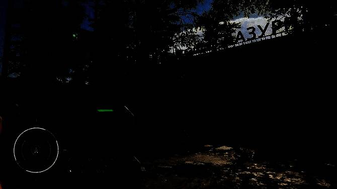 主角在昏暗的地下设施中持枪前行，周围布满神秘符号与辐射警示标志