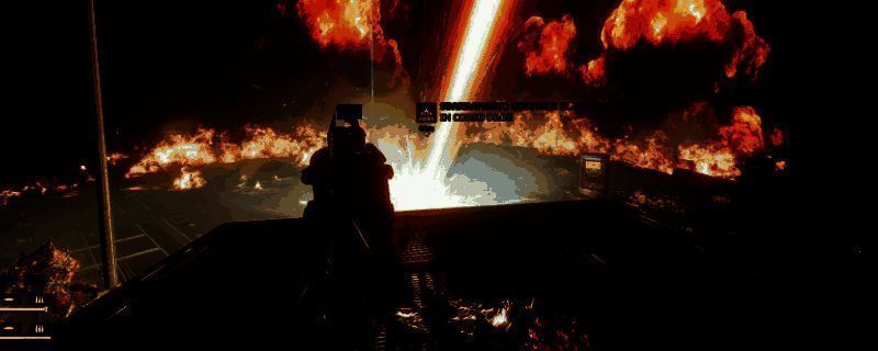 参议员左轮武器特写，枪身金属质感强烈，带有红色能量纹路，背景为战场硝烟中的敌人轮廓