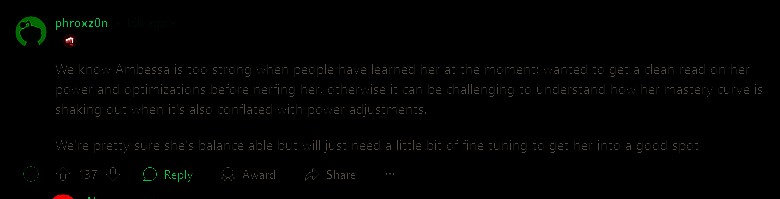 《英雄联盟》设计师Matt Leung-Harrison在Reddit上回应玩家关于安蓓萨强度问题的截图