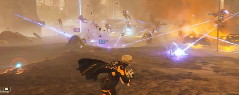 《绝地潜兵2》游戏中玩家部署机枪炮塔对抗光能族小僵尸的战斗场景，画面中多个炮塔正在喷射火舌，敌人成片倒下