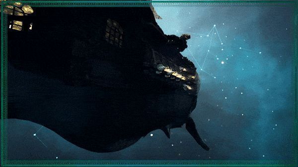 艾比在云海中飞行，船体两侧装有火炮，背部喷出蒸汽，主角站在甲板上眺望远方