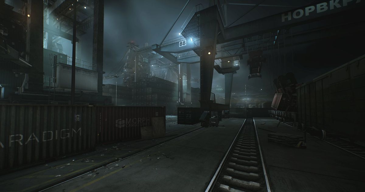 码头全景视角，巨大的集装箱整齐堆叠，远处可见停泊的货轮，海面波光粼粼，环境细节极为精细