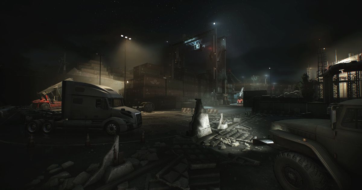 高处瞭望视角，玩家角色在集装箱顶部移动，下方有武装NPC巡逻，紧张感十足