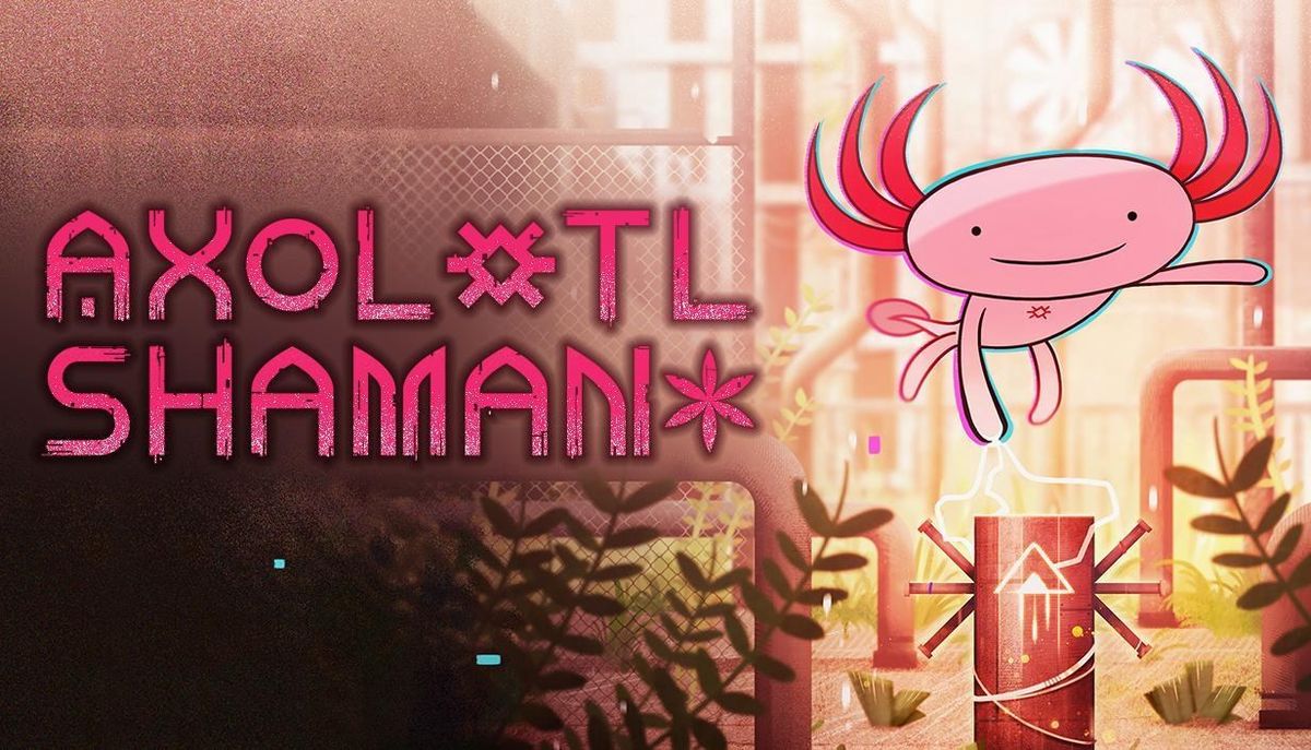 《蝾螈萨满》游戏主视觉图，一只卡通风格的墨西哥钝口螈身穿萨满服饰，站在几何图腾环绕的神秘平台上，背景充满末世感的自然废墟