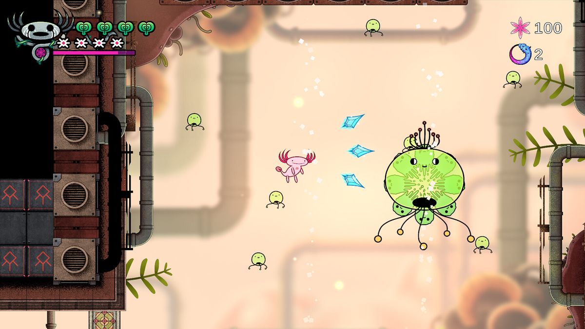 游戏场景俯视图，展示由石质图腾和断裂桥梁构成的复杂地形，远处有发光植物点缀在废墟之间