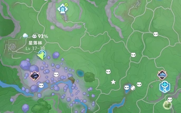 星落林地图标注图，多个红点标记出不同伊莫的刷新位置，路径清晰便于探索