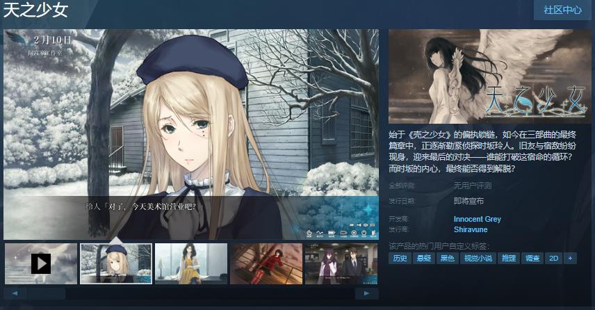 《天之少女》Steam商店页面截图，展示主角时坂玲人站在雨夜街道中的场景，氛围阴郁神秘