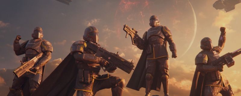 《绝地潜兵2》游戏内战斗场景，角色手持武器在异星战场与敌人激烈交火，周围爆炸特效频繁