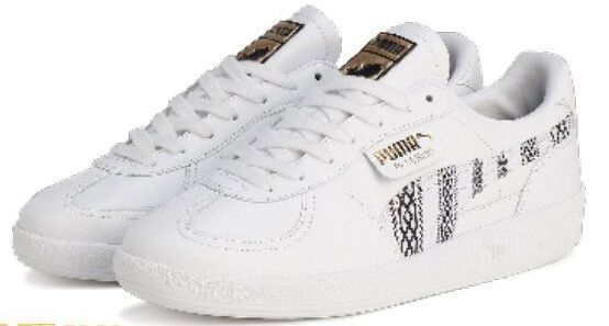 《怪物猎人》x PUMA联名系列整体陈列图，包含板鞋与T恤的搭配展示