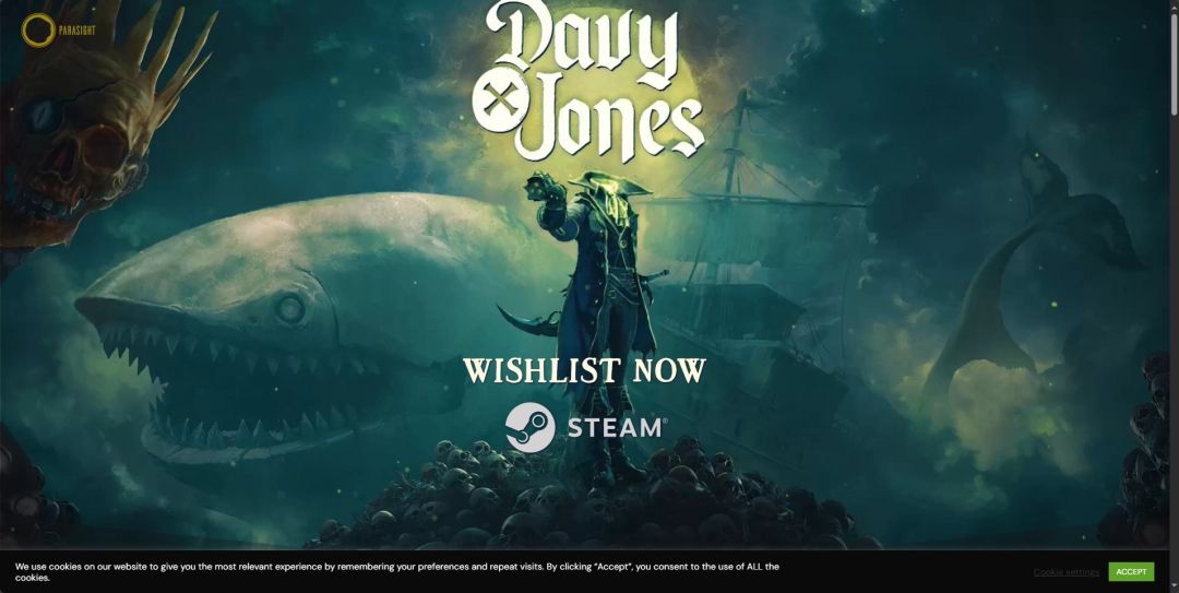 《戴维琼斯》官网界面截图，页面展示游戏标题、导航菜单及背景角色剪影，整体设计极具视觉冲击力