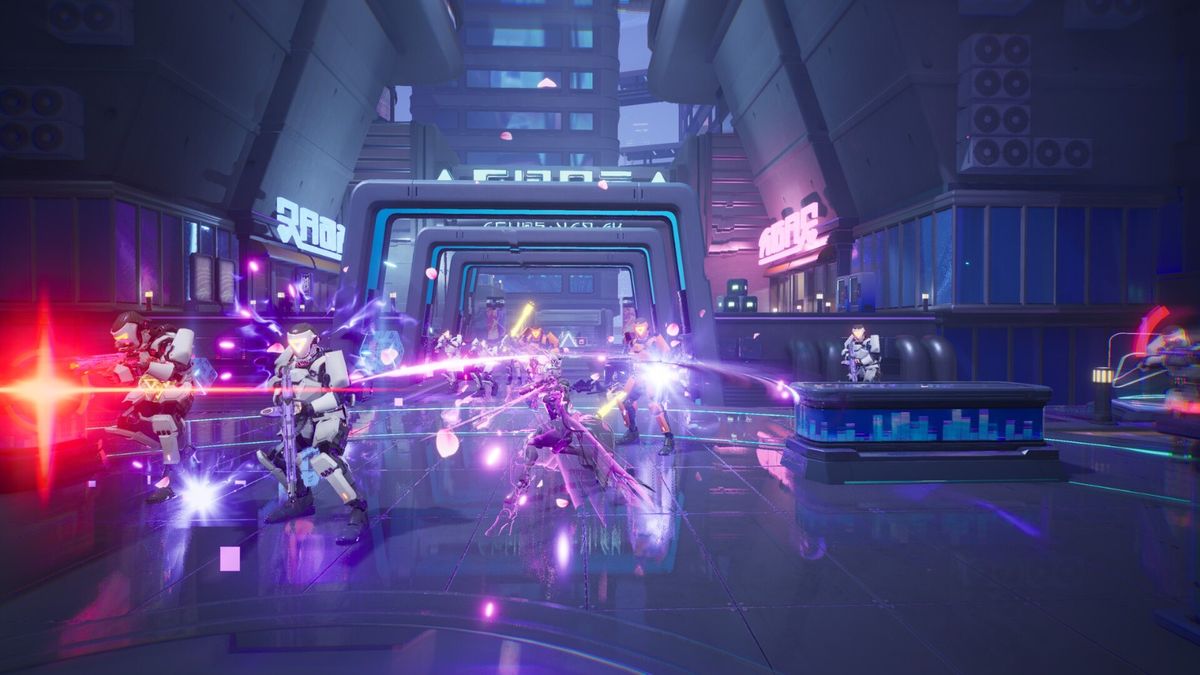 Boss战场景，巨型机械生物盘踞在核心区域，发射激光攻击玩家