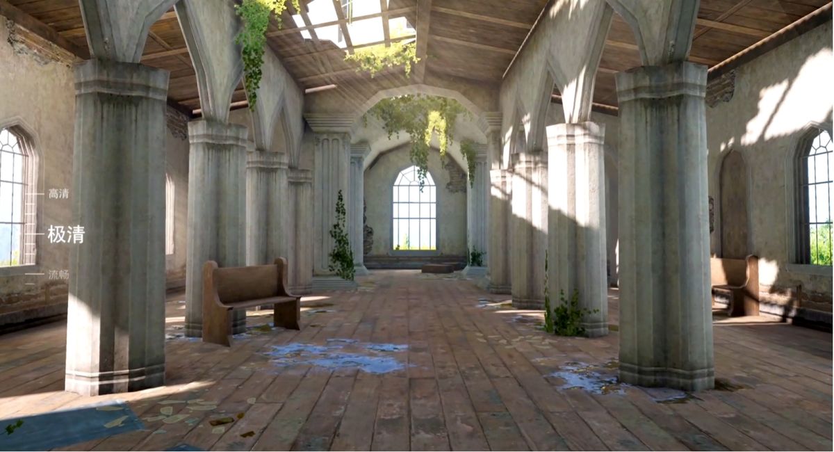 角色行走在阳光下的场景，丁达尔光效清晰可见，空气中光束感强烈