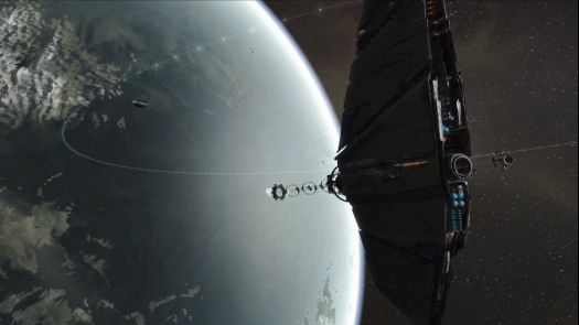 轨道天钩环绕行星运行示意图，展示其从大气层提取资源的动态过程