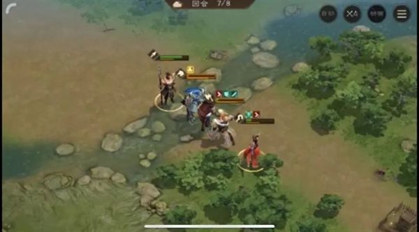 《新三国志曹操传》徐晃之影战斗中后期场景，队伍围攻处于浅滩的徐晃幻影