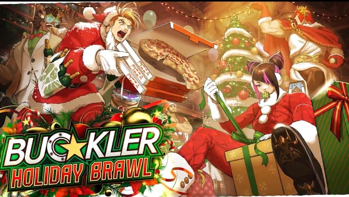 《街头霸王6》12月战斗通行证宣传图，画面中角色身着节日主题服饰，背景为雪景与彩灯装饰，洋溢着浓厚的圣诞氛围