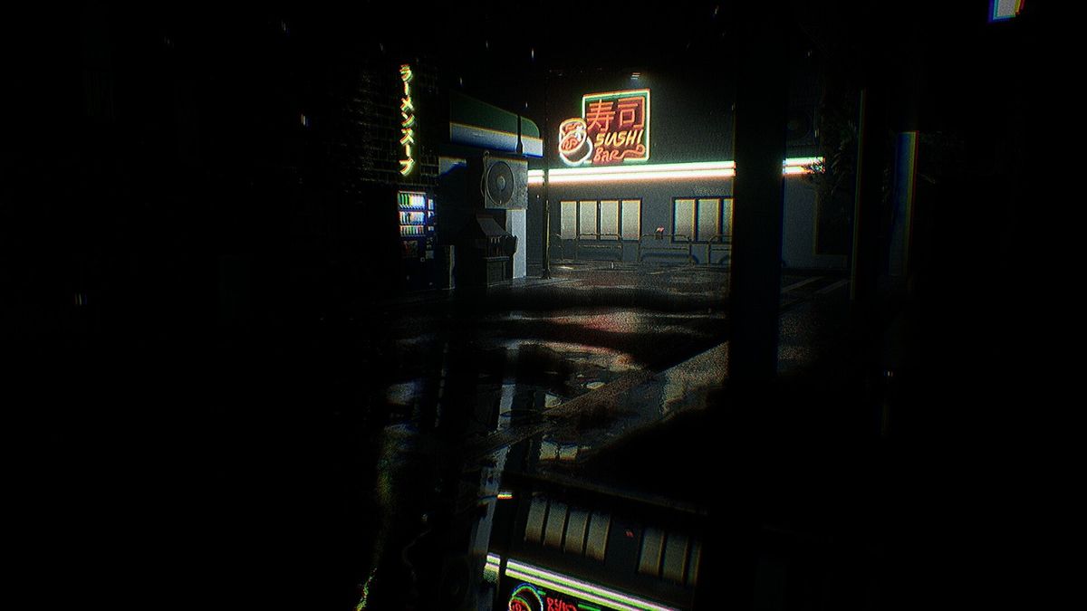 玩家视角下的寿司吧厨房内部，灯光昏黄，刀具整齐摆放，墙上贴有神秘符咒