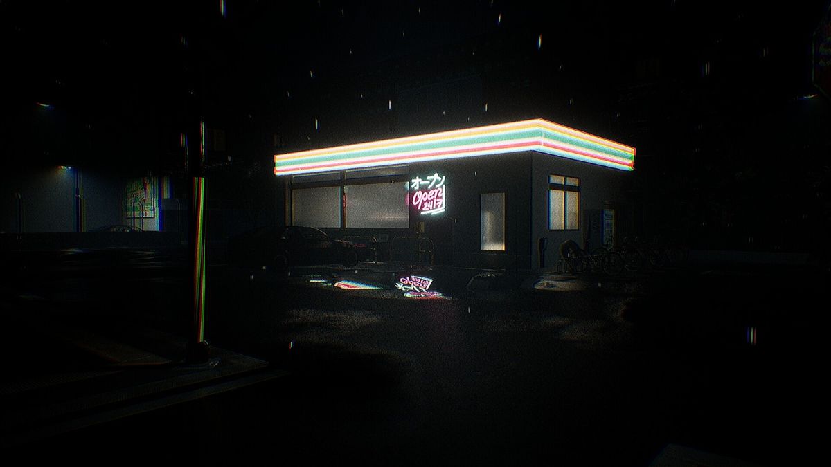 夜晚街道场景，主角走在空无一人的小巷中，远处路灯忽明忽暗，气氛阴森