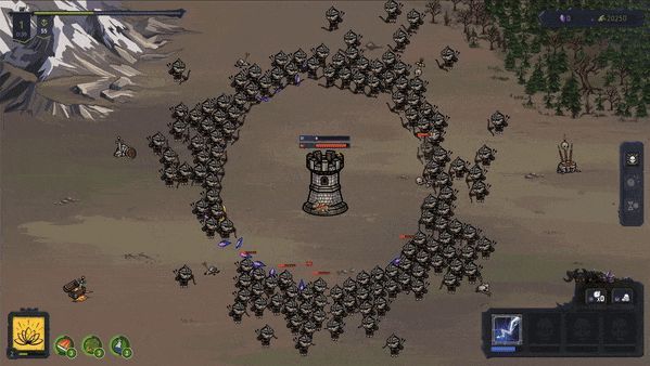 小助手在战场上奔跑，拾取地面上发光的增益图标，背景是正在释放技能的魔法塔和成群的僵尸