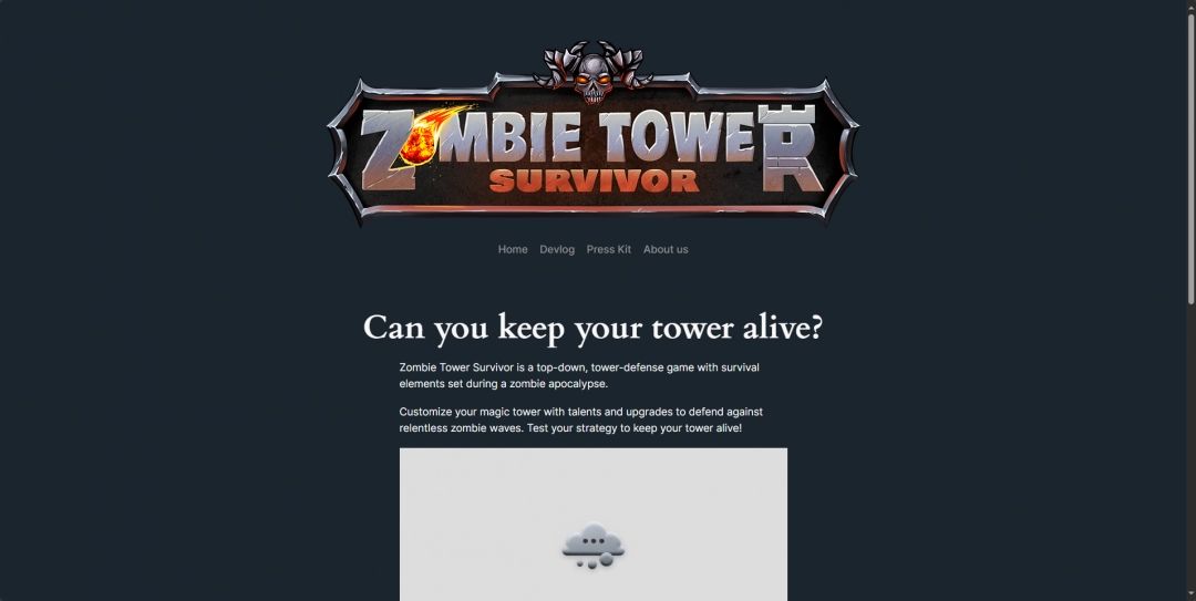 Zombie Tower Survivor官网页面截图，展示游戏特色介绍与导航菜单