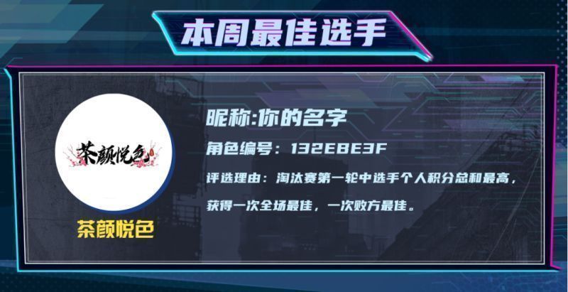 最佳选手你的名字的游戏内形象展示，背景为淘汰赛荣誉榜单