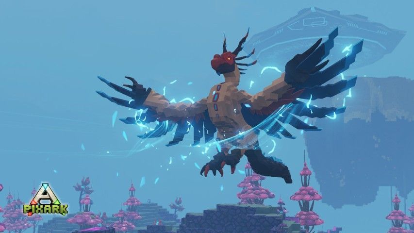 辉光鸟特写画面，展示其金属质感羽毛与眼部发光细节，周围漂浮着微弱辐射粒子