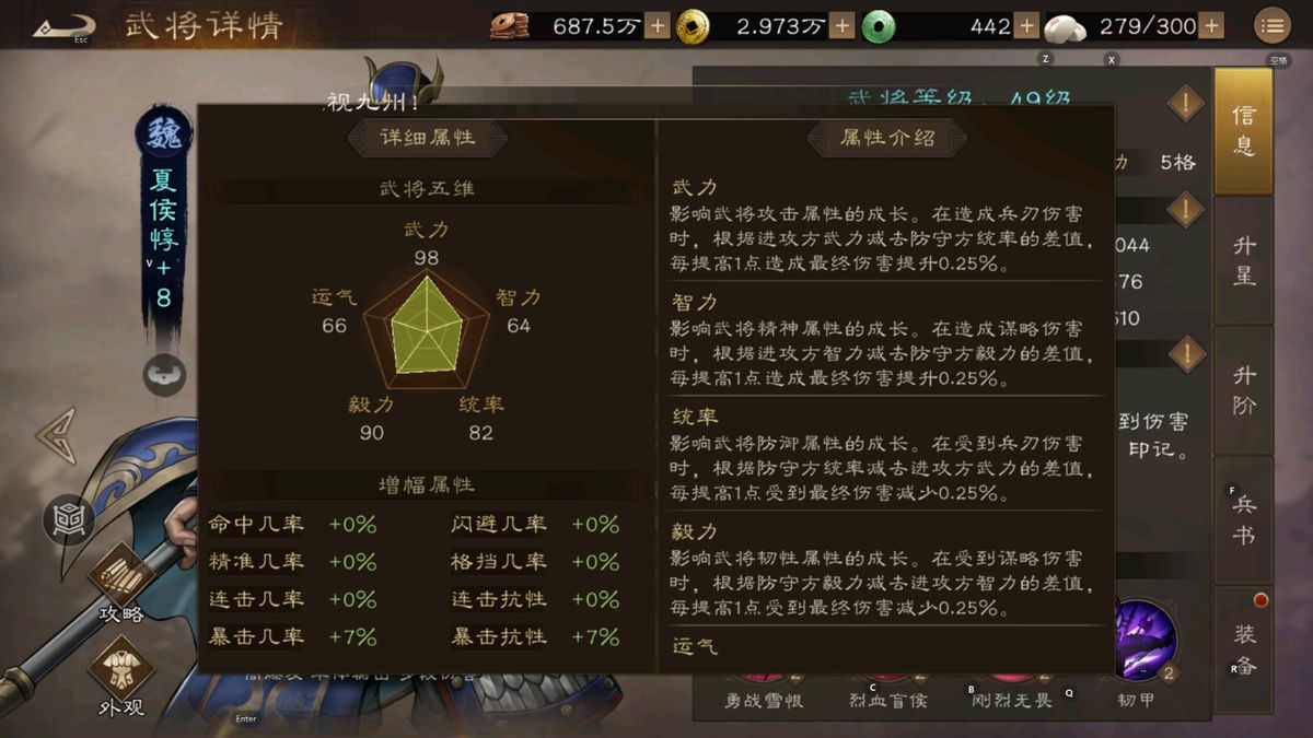 夏侯惇属性面板截图，清晰展示武力98、智力64、统率82、毅力90、运气66