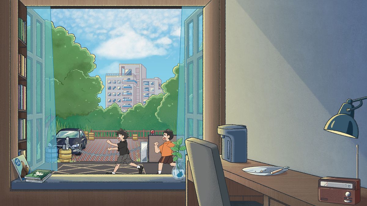 游戏中角色视角下的窗外街景，黄昏时分灯光渐次亮起，一名撑伞女子走过湿漉漉的街道，氛围宁静而略带忧伤