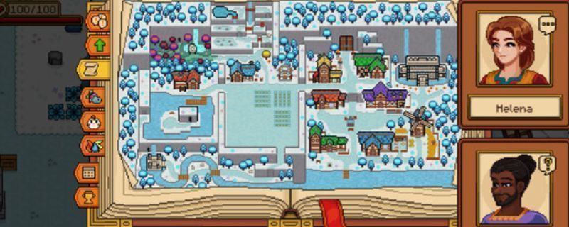 《希望物语》游戏主界面展示，像素风格的小镇与角色清晰可见，整体画面温馨柔和