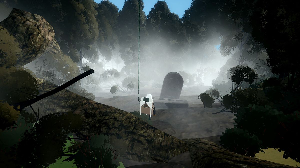 玩家角色使用绳索从悬崖滑向空中岛屿，背景是夕阳映照下的浮空山脉