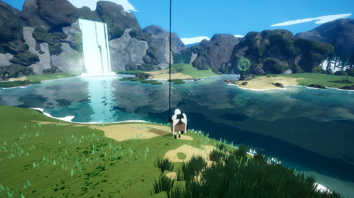 一只发光的鹿形生物在雾气缭绕的林间踱步，周围漂浮着微光孢子