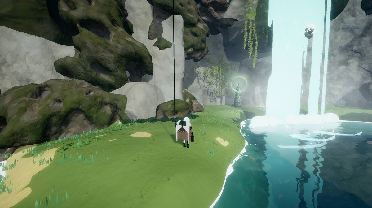 玩家在一座布满藤蔓的石殿前激活发光机关，地面缓缓升起阶梯