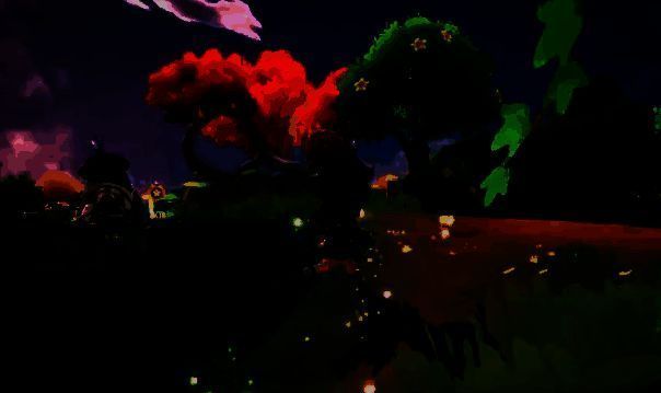 岛屿自动化布局全景图，米姆们在各自岗位有序作业，传送带连接农场、工厂与仓库，整体井然有序