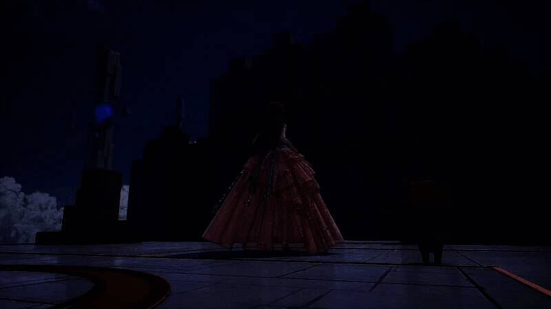 暖暖在湖边使用渔夫装钓鱼，身旁漂浮着技能轮盘界面，背景是夕阳下的村庄，氛围宁静惬意