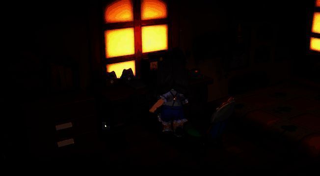 卧室内部视角，小床靠墙放置，床头灯发出柔和光线，墙上挂着玩家绘制的画作