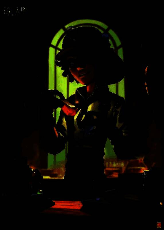 勘探员-‘试金石’在实验室中尝试用磁铁吸引金属仪器，磁铁吸附在腰带探测器上，他正笑着将其拔下