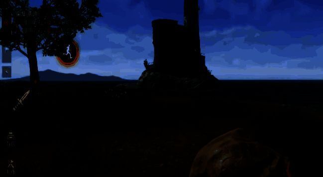 牧场机械工坊内停放着一架红色小型固定翼飞机，周围有NPC技师在检修设备