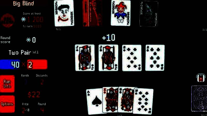 《小丑牌》游戏画面展示，卡牌布局清晰，界面风格复古俏皮，充满手绘质感