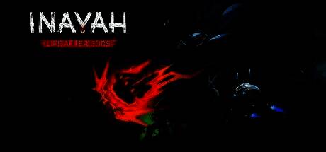 《INAYAH - Life after Gods》主视觉图，主角站在荒废城市废墟中，背景为暗红色天空，整体呈现手绘风格的末日氛围