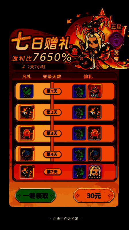 七日登录奖励界面展示，第7日奖励为粉色异兽黄帝，图标闪耀金色光芒