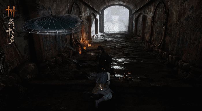 「九重春色」实战动图，角色撑伞腾空翻转，伞尖射出飞针命中敌人