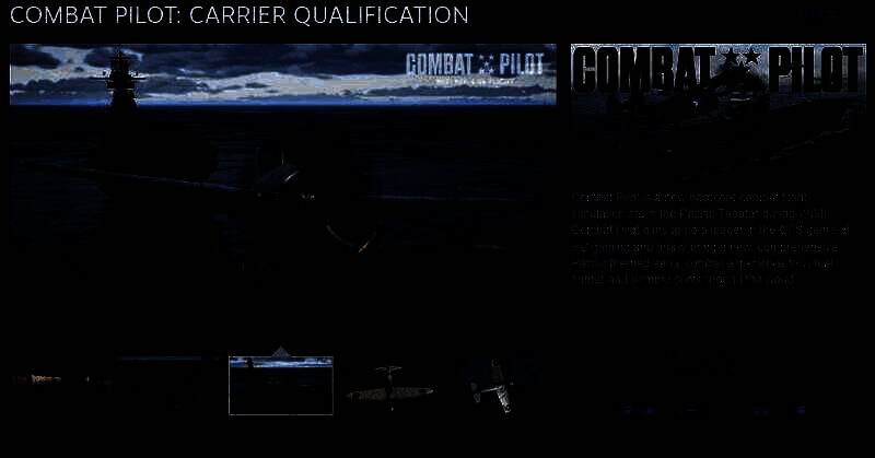 《COMBAT PILOT》Steam商店页面截图，展示F4F野猫战斗机在航母甲板上准备起飞的场景，背景为太平洋海面与蓝天