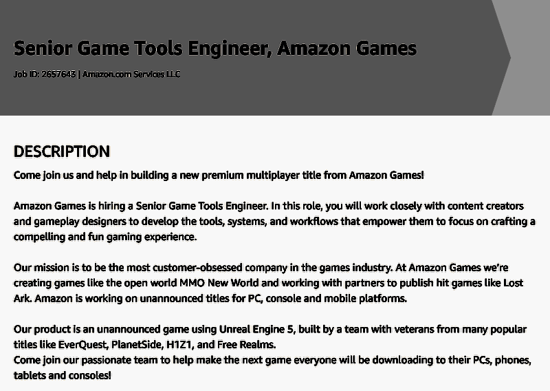 亚马逊招聘信息页面截图，显示正在招聘高级游戏工具工程师，提及使用虚幻5引擎开发未公开项目