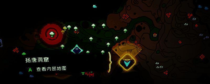 扬唐洞窟入口视角，岩石环绕的洞口散发着微弱红光，周围地表有火焰痕迹，暗示炎兽出没