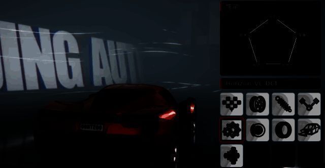 一辆红色敞篷跑车疾驰在城市高架桥上，顶篷收起，背景是黄昏下的摩天大楼群