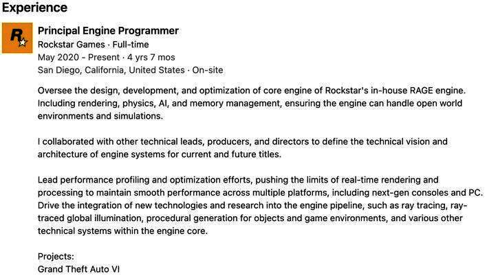 Ryan Woods在LinkedIn上列出的技术专长，包括《GTA6》的RAGE引擎开发、光线追踪和程序化生成技术